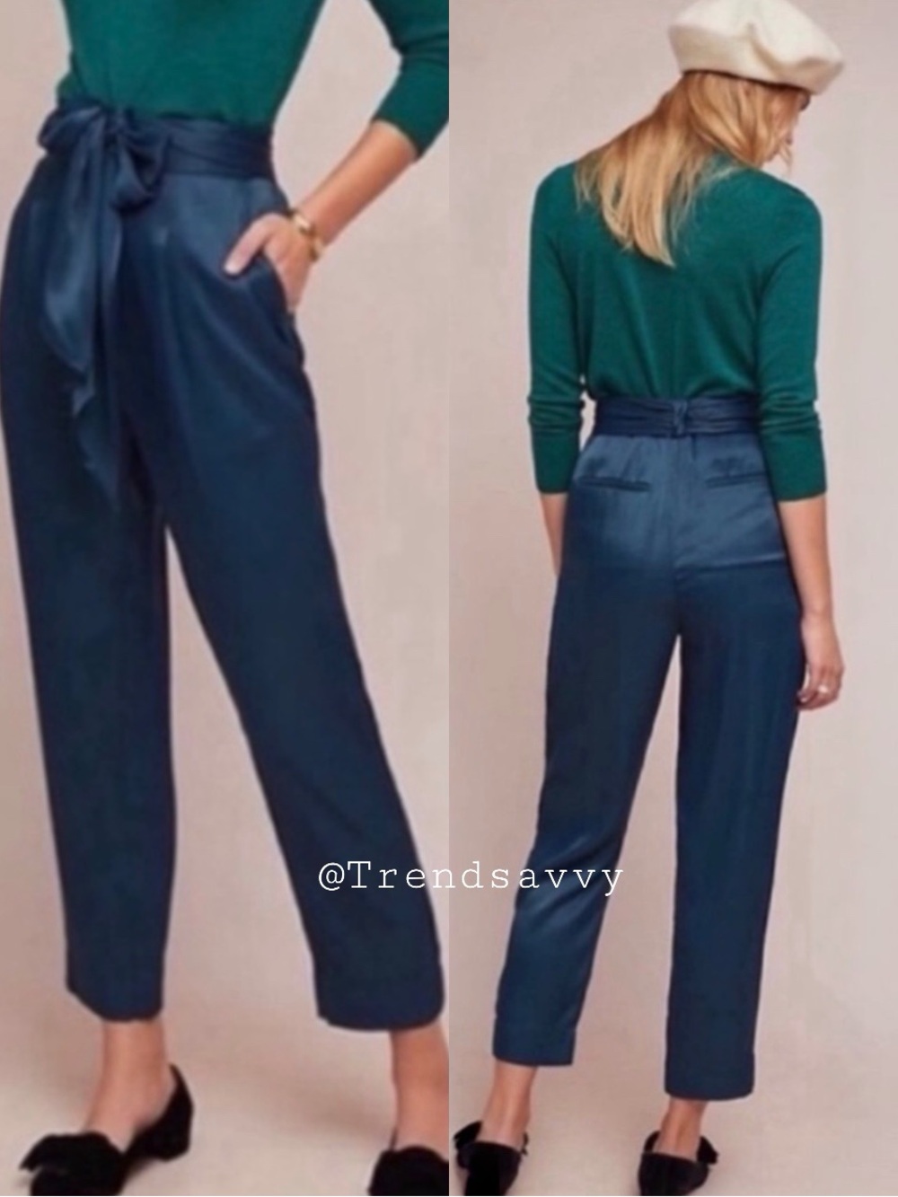 Anthropologie Ett Twa Satin Tie Waist Trousers Dark Teal Size 10 NWT Pants